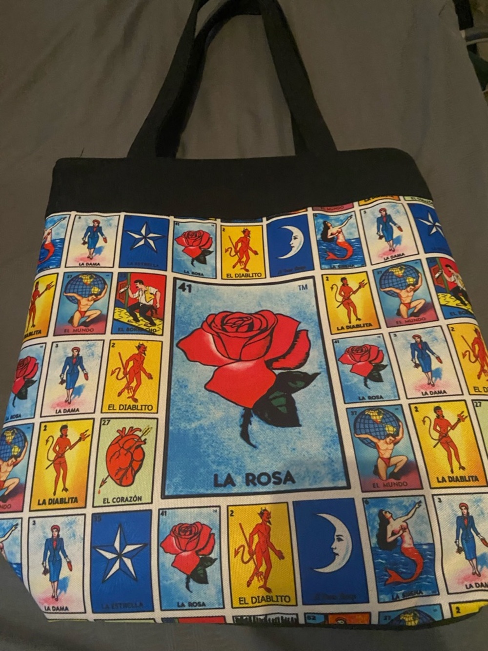 Loteria Printed Canvas Tote Bag - Black with Red, Blue, Yellow Artwork
